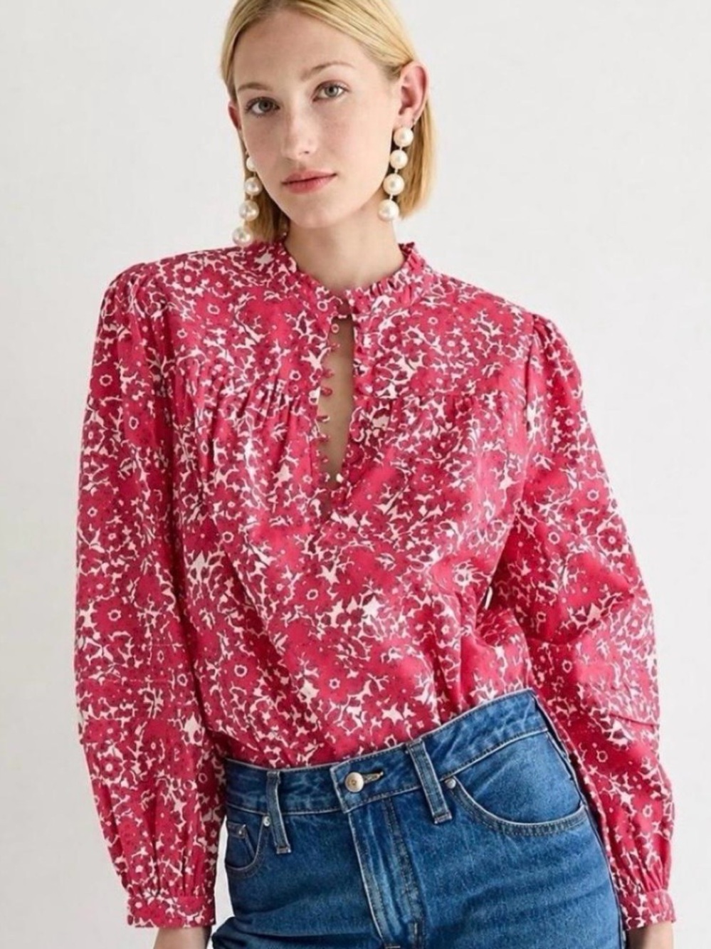 J. Crew Pink Floral Split-Front Ruffle Neck Blouse